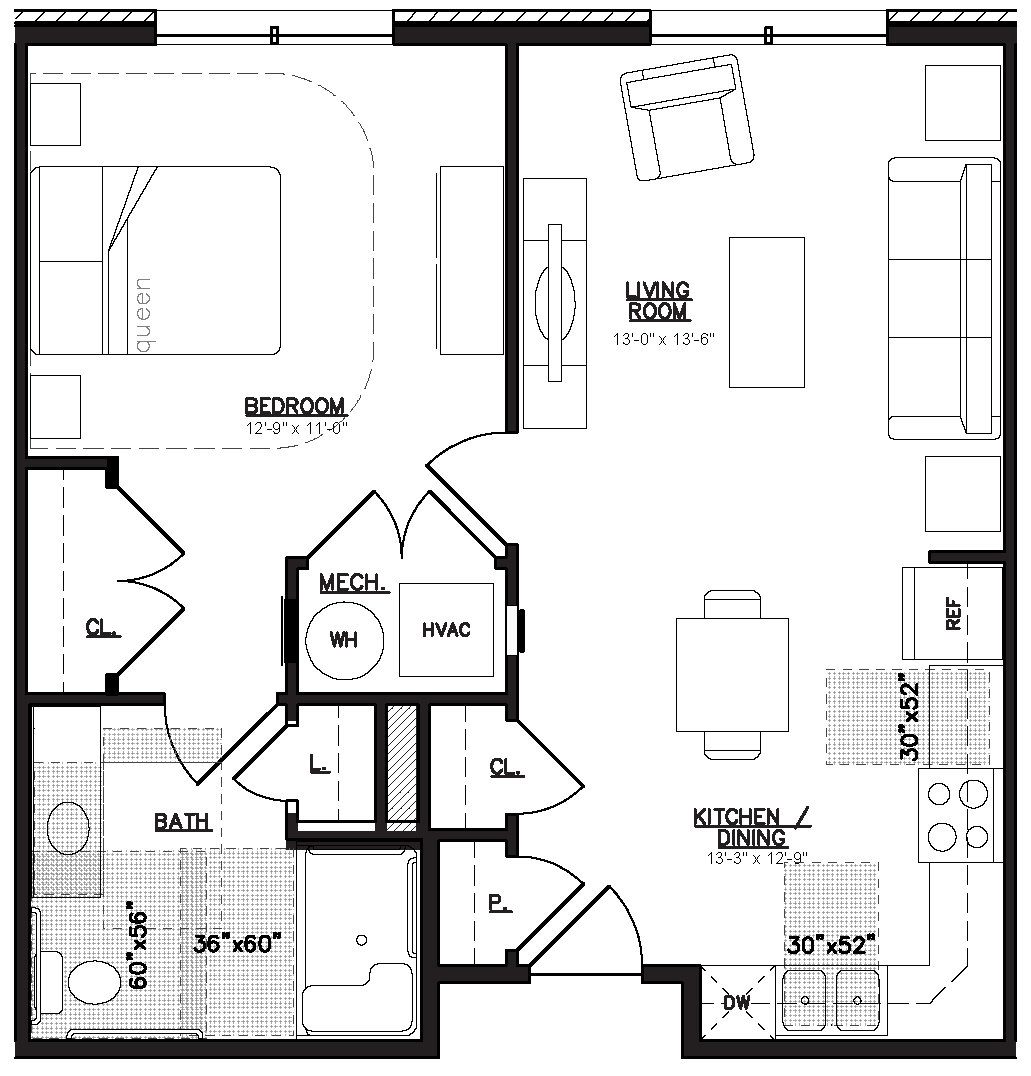 Floor plan for 1 bed, 1 bath, 677 sqft